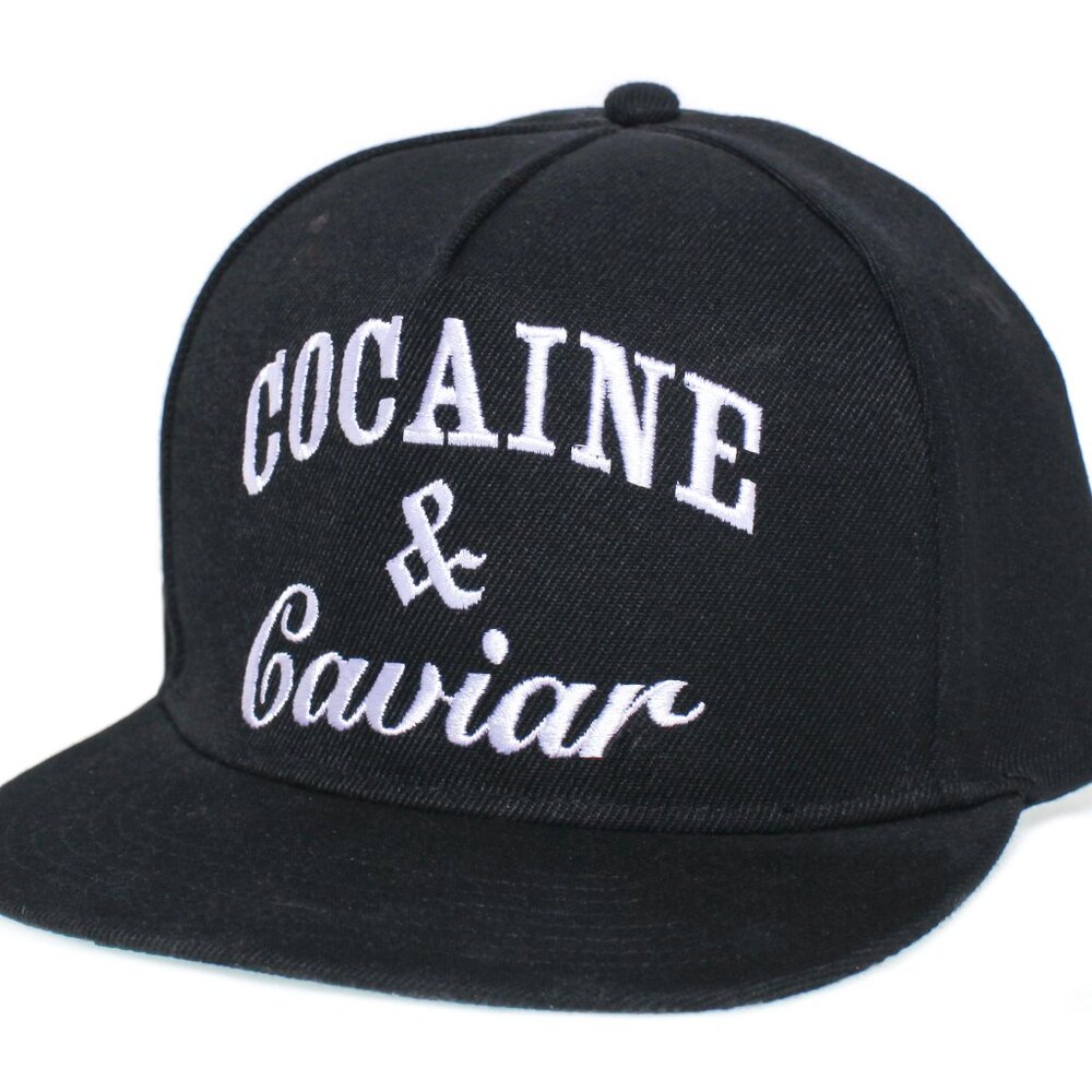 New Cocaine & Caviar Embroidered Flat Bill 5 Panel Black Snapback Hat Cap